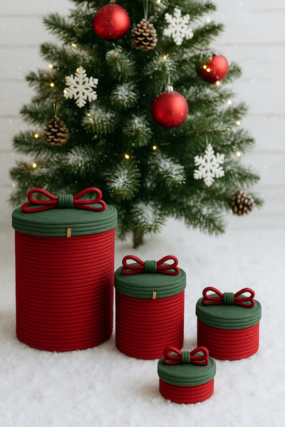 MaVaux Різдвяний набір з 4 декоративних подарункових кошиків з джутовим шнуром – червоно-зелений різдвяний кошик