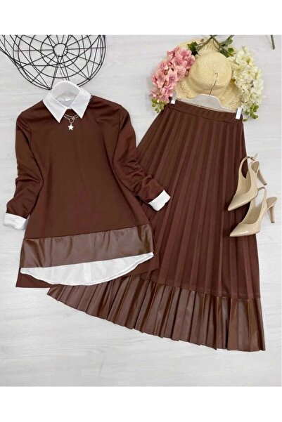 bm bessomoda fashion boutique Плисирана пола с кожени детайли, комплект с горна и долна част