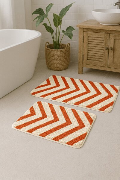 EUROBANO Marta Premium 2-Piece Non-Slip Bath Mat Set – Latex Base Geometric Bone Orange 60X100 60X50 cm