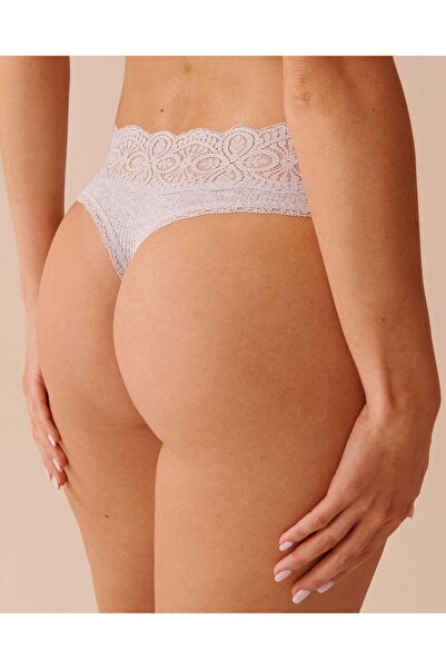 La Vie en Rose Lace Trim Ribbed Thong Panty