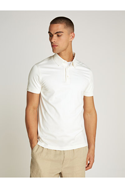 Tommy Hilfiger Men Ecru Short Sleeve Logo Embroidered Slim Fit Polo T-Shirt