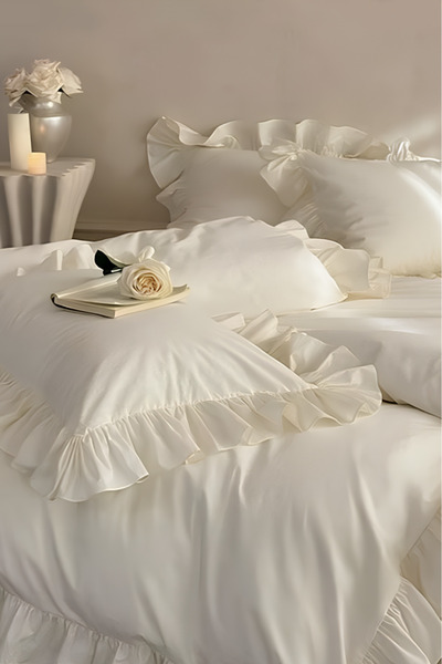 GÖRMEZ TEKSTİL Double Organic Cotton Duvet Cover Set Ruffled Ecru
