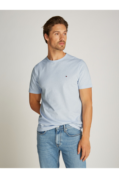 Tommy Hilfiger تي شيرت رجالي من القطن والكتان باللون الأزرق الفاتح من Wcc برقبة دائرية