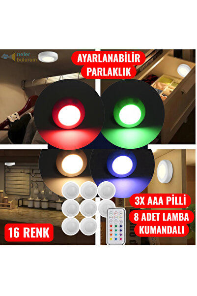 nelerbulurum 8'Lİ Pilli ve Kumandalı 16 farklı RGB renk KORİDOR MUTFAK RAF YA...