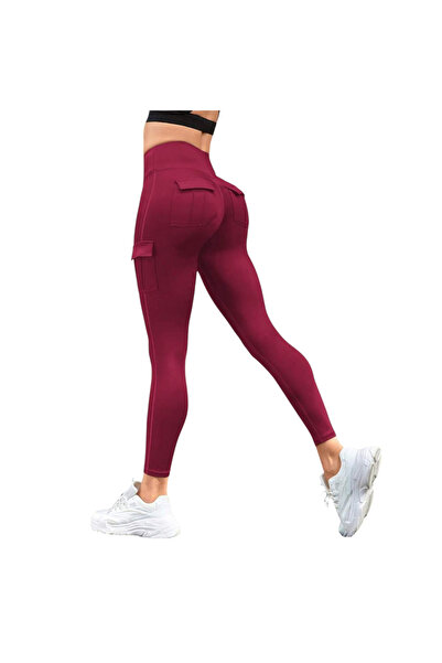 OEM High Waisted Multi-Pocket Sports Leggings, Red -L