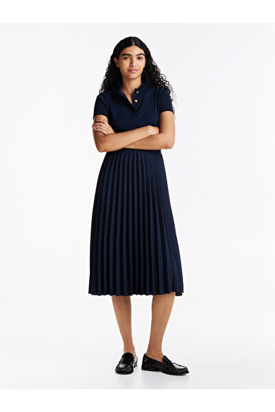 Tommy Hilfiger Women Dark Night Navy Gold-Tone Button Slim Midi Polo Dress