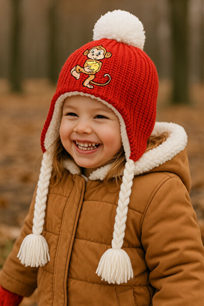 SİSTEM PELUŞ Children's Beret with Ear Covers and Soft Fur Inside