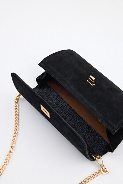 LUTVELIZADE Çanta 2531 - Önden Kapaklı Oval Siyah Süet Kadın Çanta