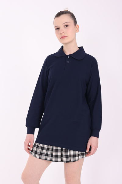 Re&Gi Rekor Σχολικό μπλουζάκι με λαιμόκοψη πόλο για ενήλικες, βασικό μακρυμάνικο μπλουζάκι σχολικό 100% βαμβάκι S-2XL Navy Blue