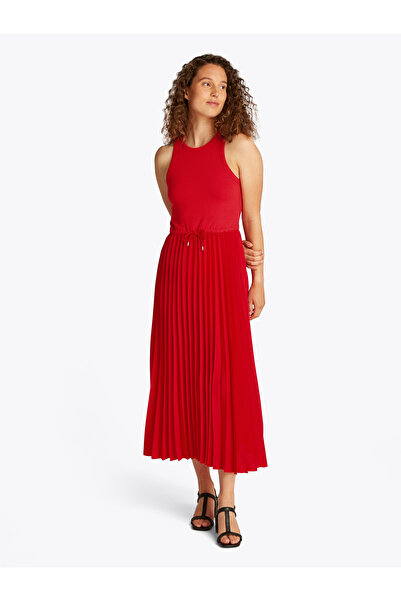 Tommy Hilfiger Women Primary Red Rib Pleated Sleeveless Midi Dress