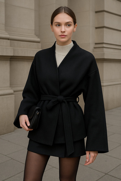 elbisenvarmı Kuşaklı Kaşe Hırka Minimal Kimono Model