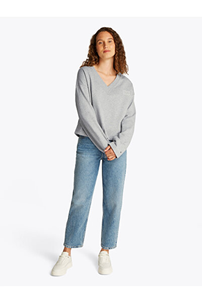 Tommy Hilfiger Women Light Grey Htr Boxy Tonal Flag V-Neck Sweatshirt