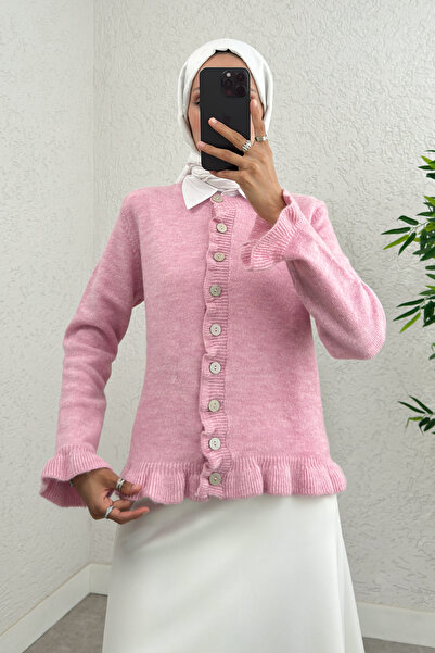 Salih Çelebi Ruffle Detailed Knitwear Cardigan 43478 - Pink