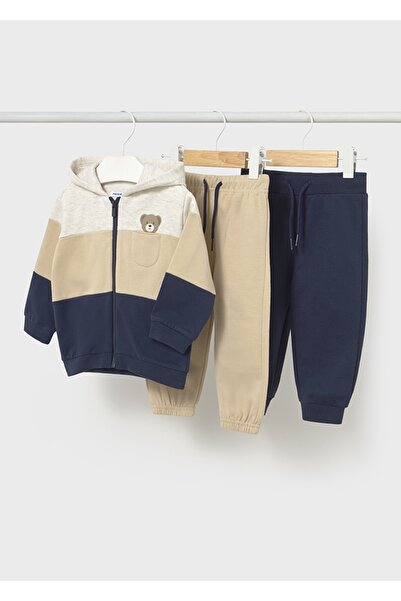 MAYORAL 1-4 Years Old Baby Boy Tracksuit Set |   Hooded Cardigan + 2 Bottoms with Beige and Navy Blue Teddy Bear Detail