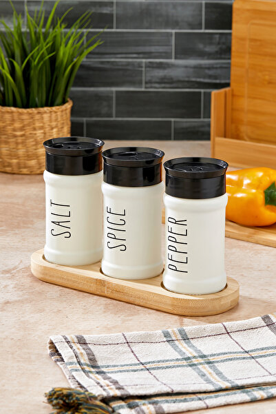 Akkoyunlu home طقم توابل زجاجي مع حامل خشبي (ملح، بهارات، فلفل) سعة 220 سم مكعب