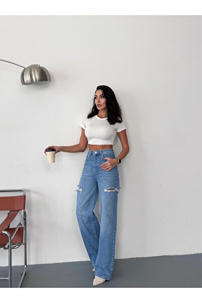 Zeo Basic Kadın orta mavi baggy jean yüksek bel kot pantolon denim kumaş yanlardan lazerli