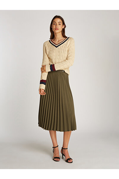 Tommy Hilfiger Women Utility Olive Logo Waistband Fluid Pleated Midi A-Line Skirt