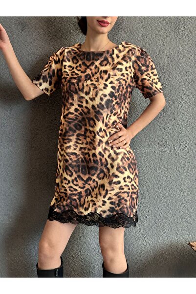 Gönülden Tasarım Дамска мини рокля с леопардов принт и дантела, размер L/XL, 85 см