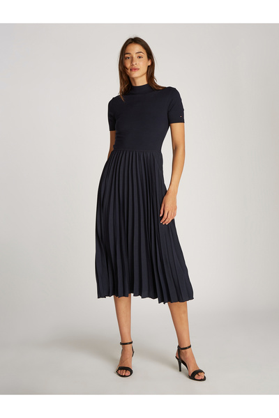 Tommy Hilfiger Women Dark Night Navy Pleated Midi Fit and Flare Dress
