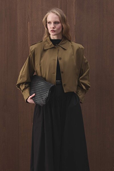 Hooopstore Vatkalı Gabardin Kısa Haki Ceket