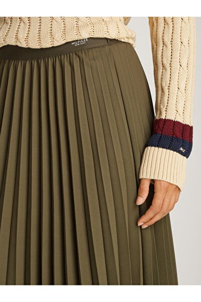 Tommy Hilfiger Women Utility Olive Logo Waistband Fluid Pleated Midi A-Line Skirt