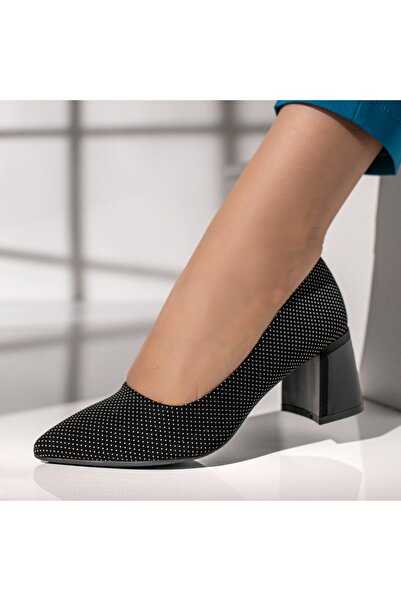 BMoD Pantofi negri cu imprimeu pentru femei cu toc gros MOD12124