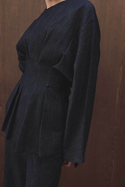 Hooopstore Pile Detaylı Denim Lacivert Bluz