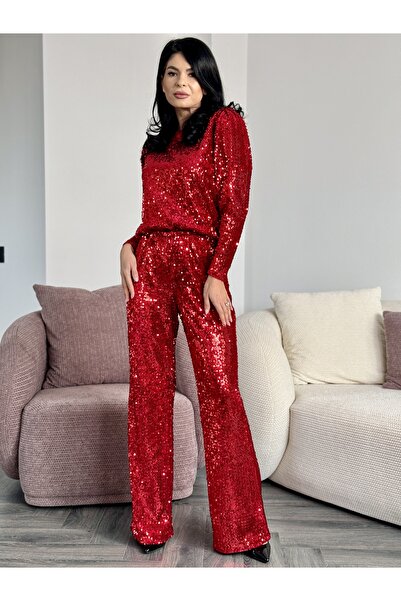 RAMONA BADESCU EXCLUSIVE Women's suit with gold sequins - elegant blouse and wide trousers