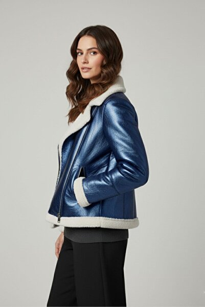 Deriderim Violet Saks Blue Zippered Biker Women's Genuine Fur Coat