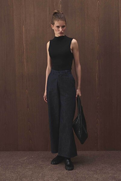 Hooopstore Yüksek Bel Minimal Denim Lacivert Pantolon