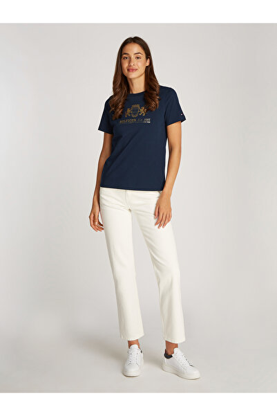 Tommy Hilfiger تي شيرت نسائي ضيق بياقة دائرية باللون الأزرق الداكن