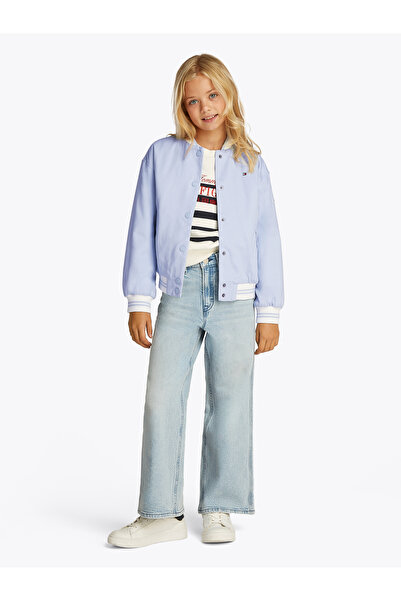 Tommy Hilfiger Girls Breezy Blue Cotton Relaxed Back Logo Varsity Jacket