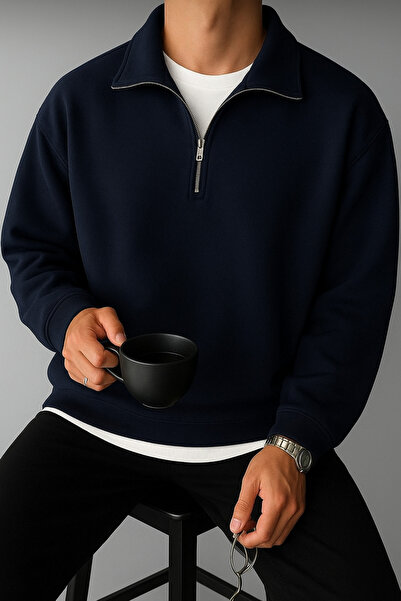 DEZZİİ Μπλε ναυτικό πουλόβερ με ψηλό γιακά, μονόχρωμο, oversize