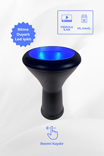 MASTERWORK Ritme Duyarlı Mavi Işıklı Siyah Döküm Darbuka (Kılıf + Led Projektör)