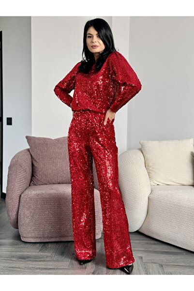 RAMONA BADESCU EXCLUSIVE Women's suit with gold sequins - elegant blouse and wide trousers