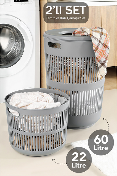 Meleni Home 2'li Solara Çamaşır Sepeti Seti - 60 Lt Kapak Detaylı Kirli Sepet...