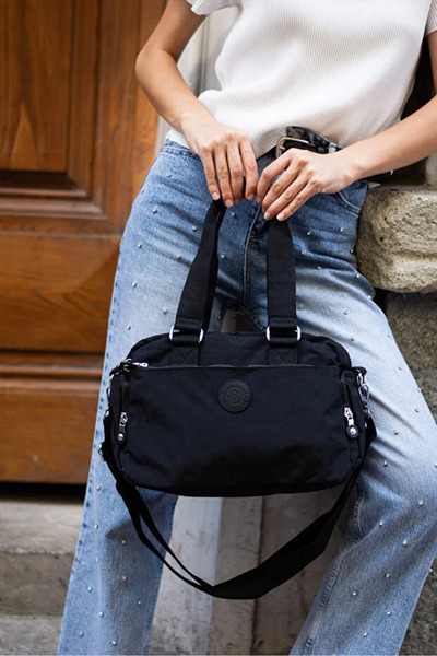 Sanmorris Women's Black Crinkle Fabric Medium Size Crossbody Hand & Shoulder Bag