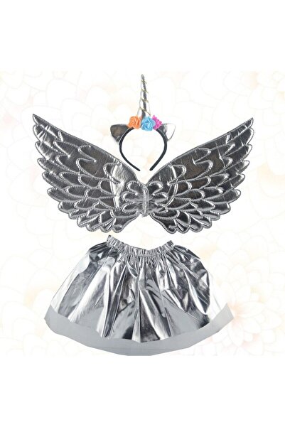 Glow Goods Set Costume for Girls Angel Unicorn Model 3 Pieces, Crown, Wings, Skirt, Universal Size 3+, Silver
