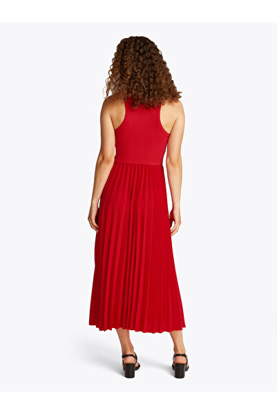 Tommy Hilfiger Women Primary Red Rib Pleated Sleeveless Midi Dress