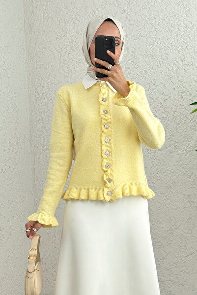Salih Çelebi Ruffle Detailed Knitwear Cardigan 43478 - Yellow