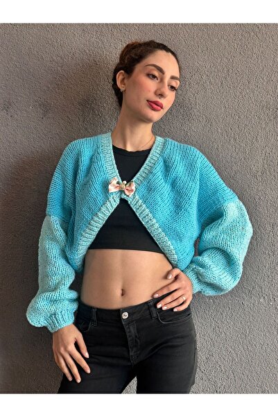 Gönülden Tasarım Hand Knitted Soft Blue Women's Crop Cardigan Standard