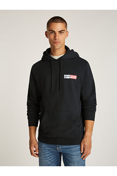 Tommy Hilfiger Men Black Signature Logo Drawstring Hoodie