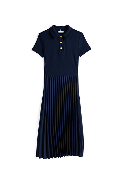 Tommy Hilfiger Women Dark Night Navy Gold-Tone Button Slim Midi Polo Dress
