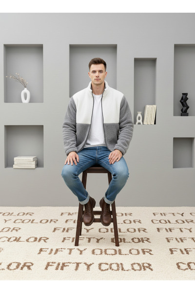 Fifty Color Premium, Unisex, Grey-White, Color Block, Zipper, Stand Collar, Sherpa, Fleece, Jacket