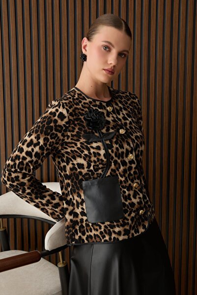 MÜSEMMA Leather Suit with Hand-Embroidered Accessories, Button-Closure Front Body with Pockets, Elastic Waist Leather Skirt