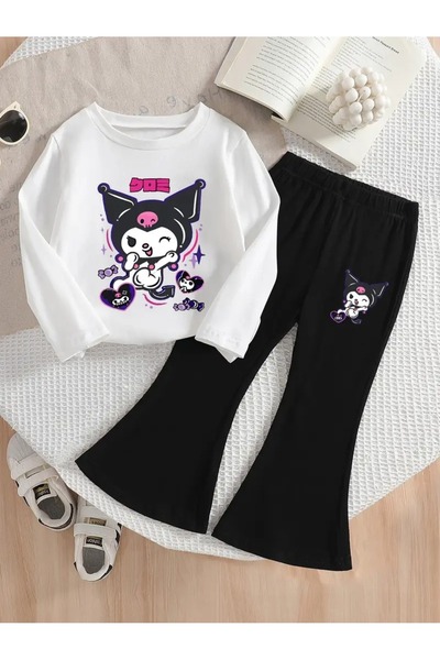 buendiakids Kız Çocuk Beyaz-Siyah Sevimli Kuromi Baskılı Bisiklet Yaka İspany...