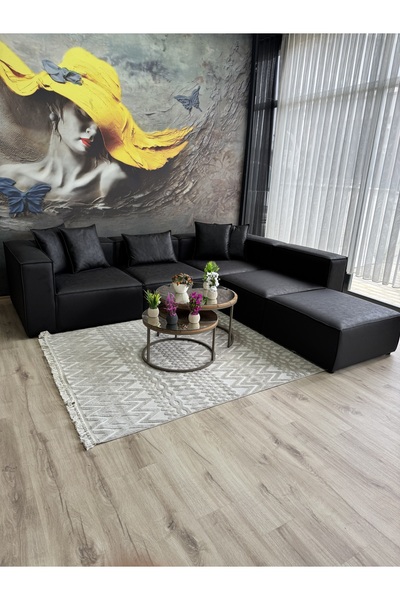 Erduran Mobilya Angelo 5 modül siyah nubuk köşe koltuk takımı