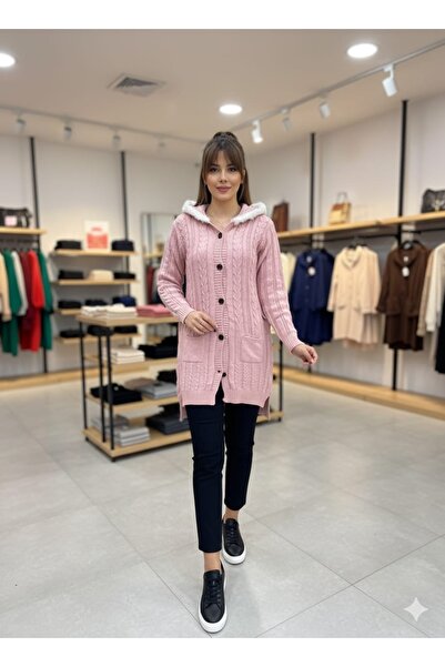 rushana KADIN kapüşon tüylü cepli Triko hırka