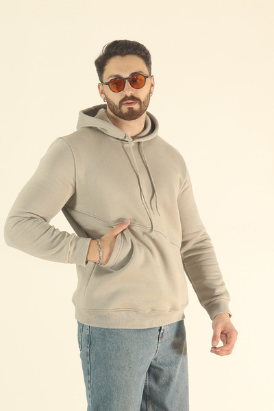 EydaMoon Erkek Basic Kışlık İçi Polarlı Sweatshirt - Taş Regular Yandan Cepli Kapüşonlu