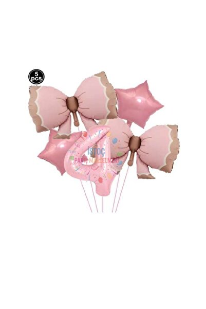 İSTOÇ PARTİ Pink Color Bow Number Star Foil Balloon Set Age 4